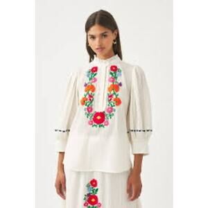 Antik Batik Clotilda Hand-Embroidered Floral Cotton Crepe Blouse White - 42 (L)